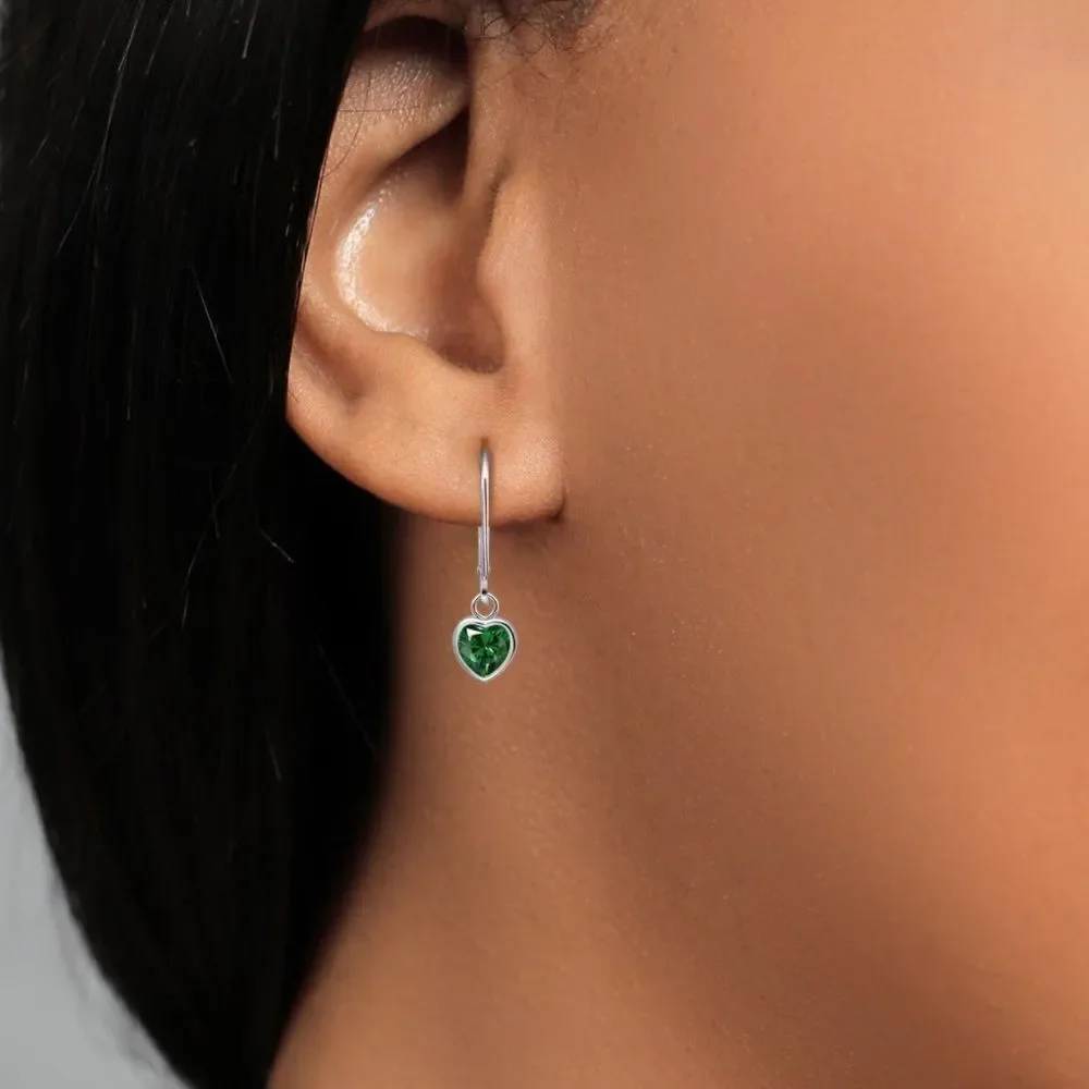 925 Sterling Silver 1.40 Cttw Green Emerald Heart Leverback Drop Earrings